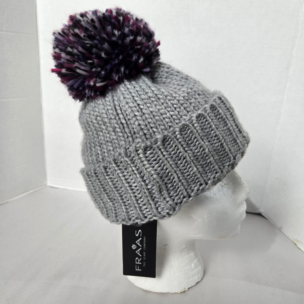 NWT FRAAS Pom Space Hat Grey Fleece Lined Knit Beanie Multi Color Pom #1667 - Picture 3 of 8